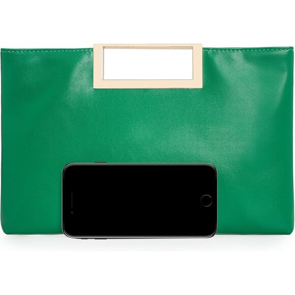 Women\'s Green Vegan Leather Metal Handle Chain Strap Fashion Stylish Clutch